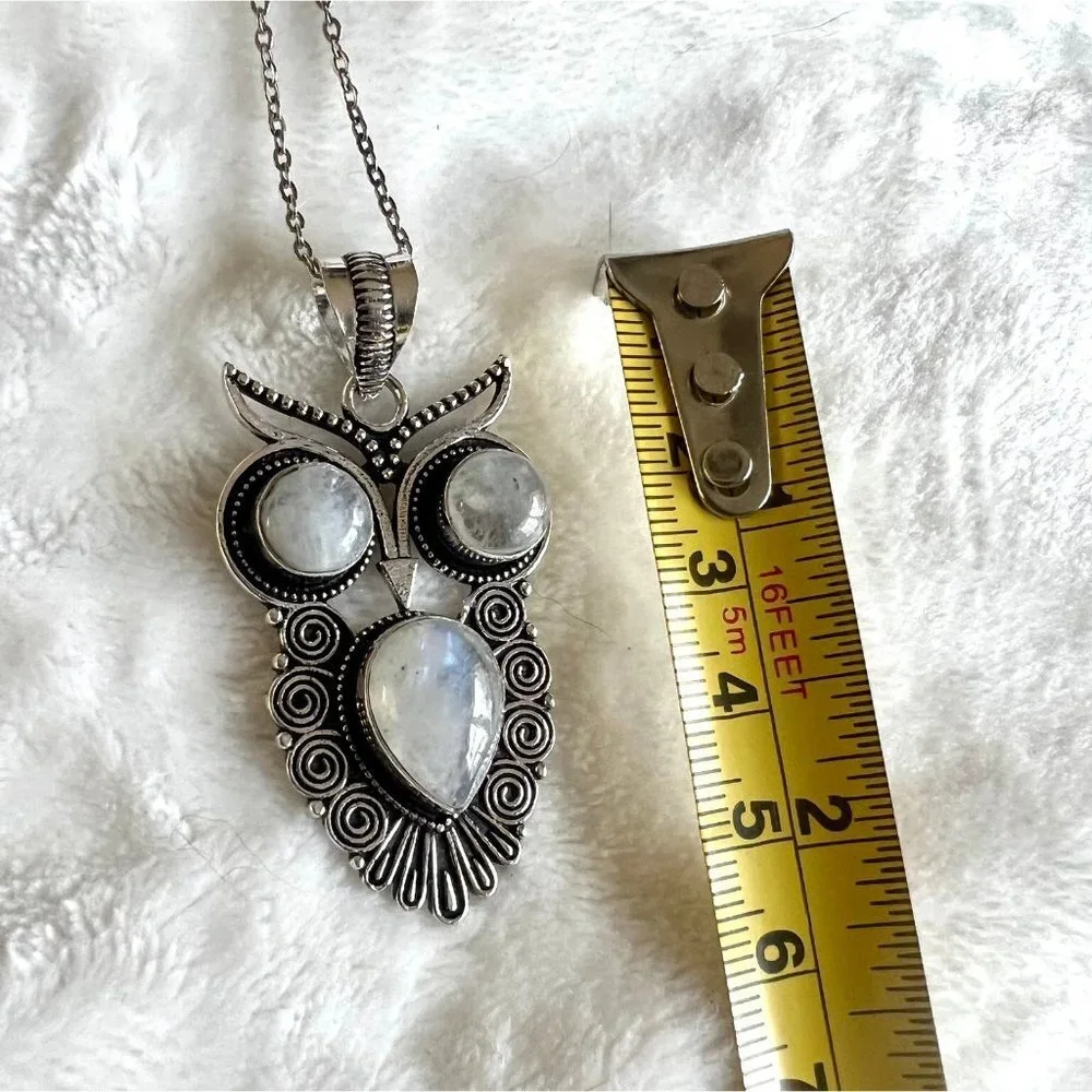 925 OWL Spirit Guide Rainbow Flash Moonstone Pendant Necklace